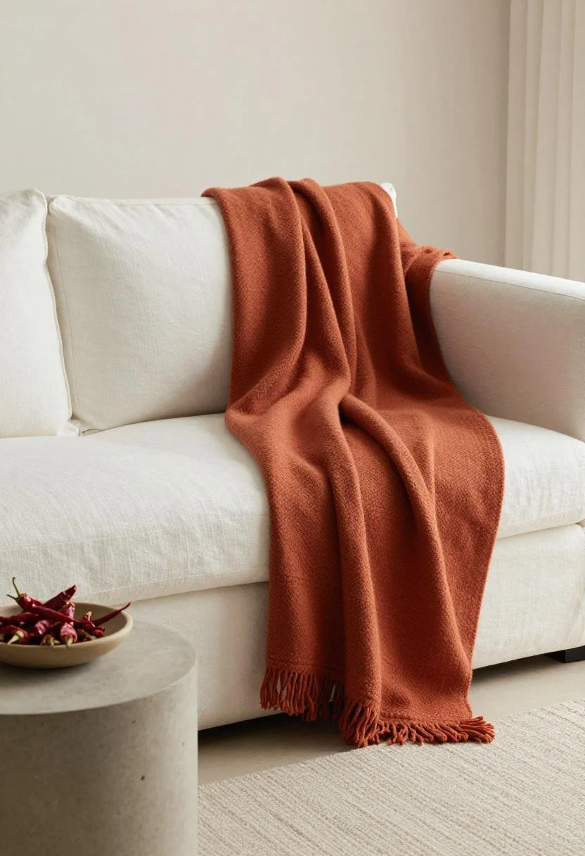 White linen sofa with warm terracotta woven blanket and dried chili peppers on a concrete side table