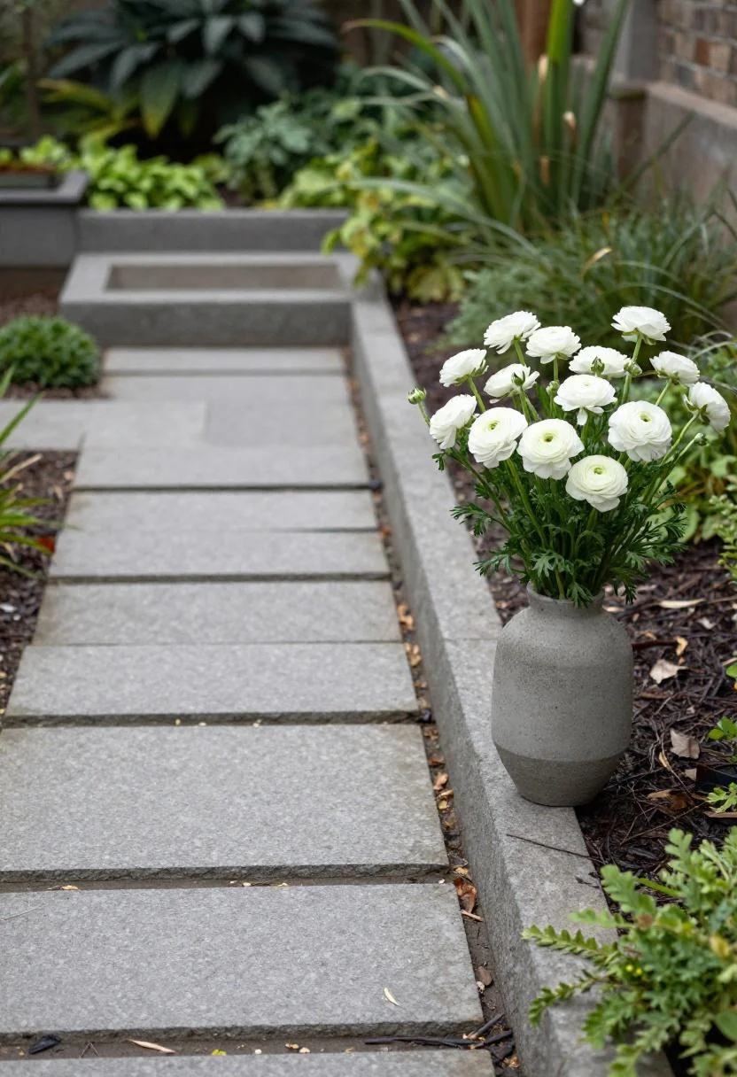 Plum ranunculus bouquet in a concrete vase beside a stone garden path under overcast light