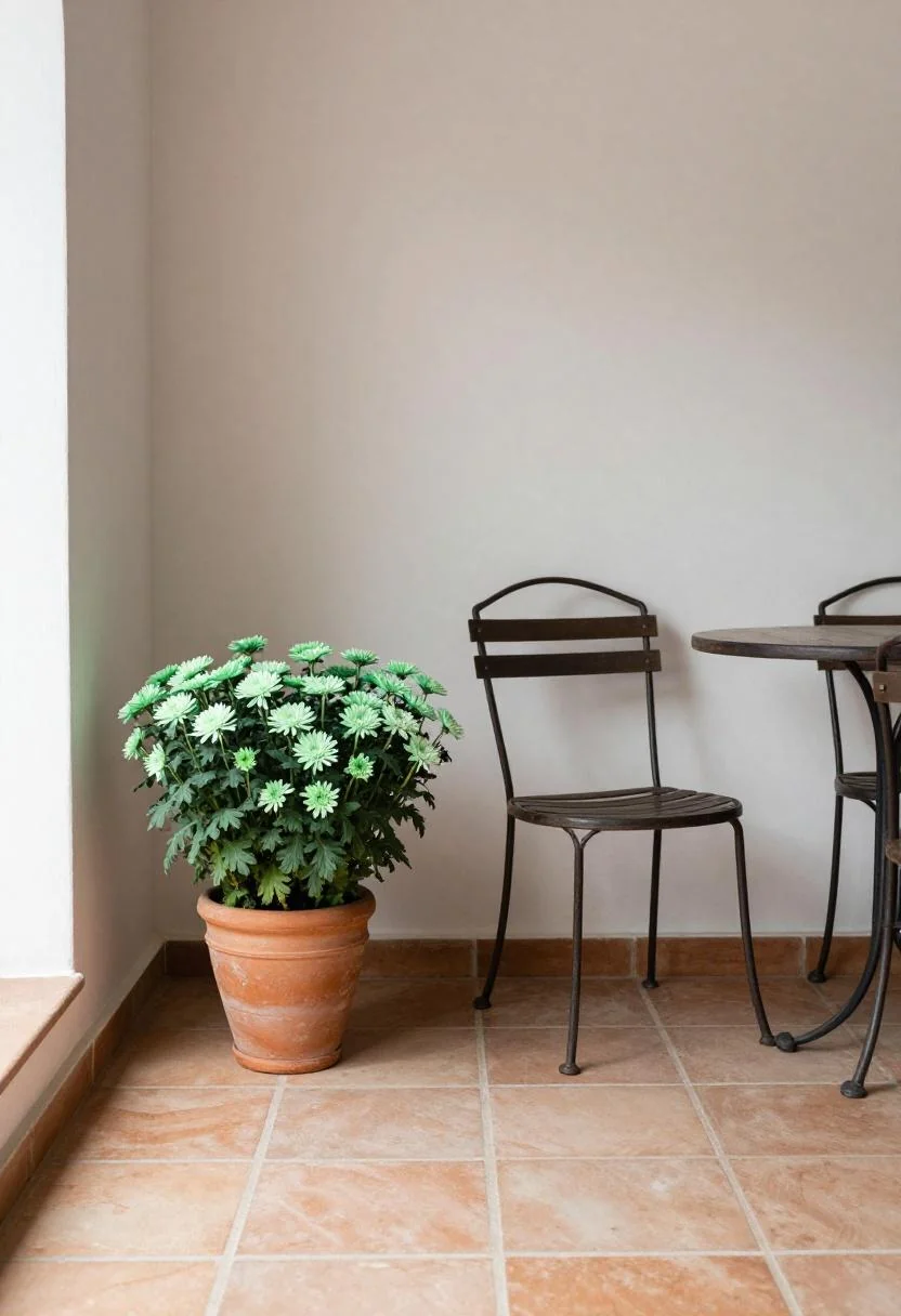 Jade chrysanthemum bouquet in a clay pot beside a bistro chair on a terracotta patio