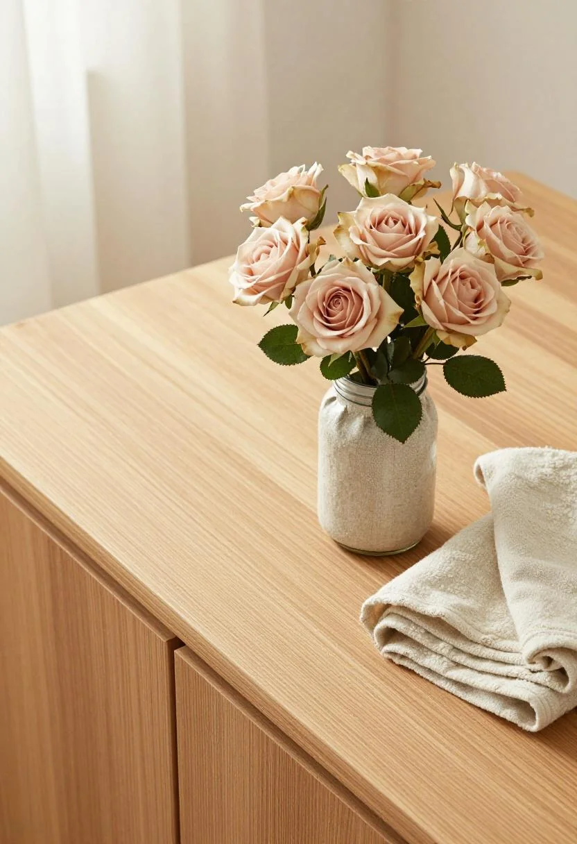 Wasabi spray roses in a linen-wrapped jar beside a folded blanket on a cedar deck