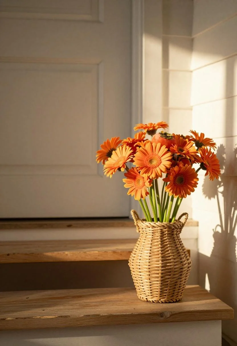Persimmon gerbera daisies in a rattan basket beside porch steps at golden hour