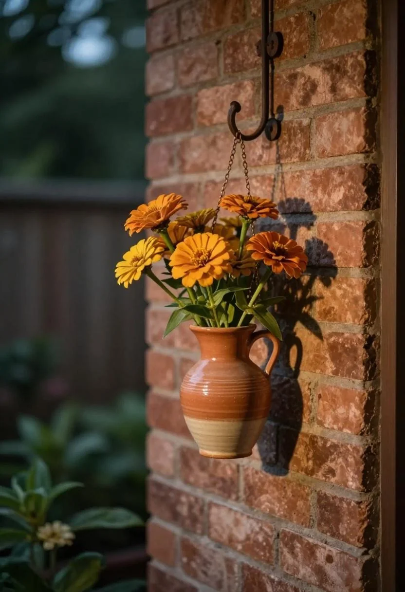 Terracotta zinnias in a ceramic jug hung against a brick garden wall at dusk