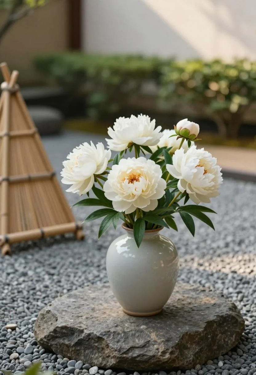 Cream peony bouquet in a porcelain vase resting on a river stone in a zen gravel garden