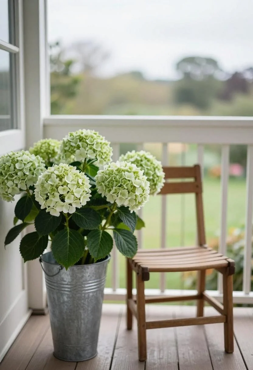 Sage hydrangea bouquet in a galvanized bucket beside a slatted chair on a cottage balcony
