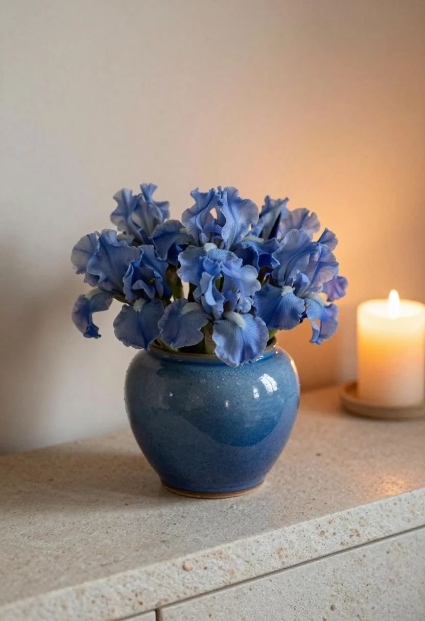 Cool blue iris bouquet and pillar candle on a limestone garden ledge at golden hour