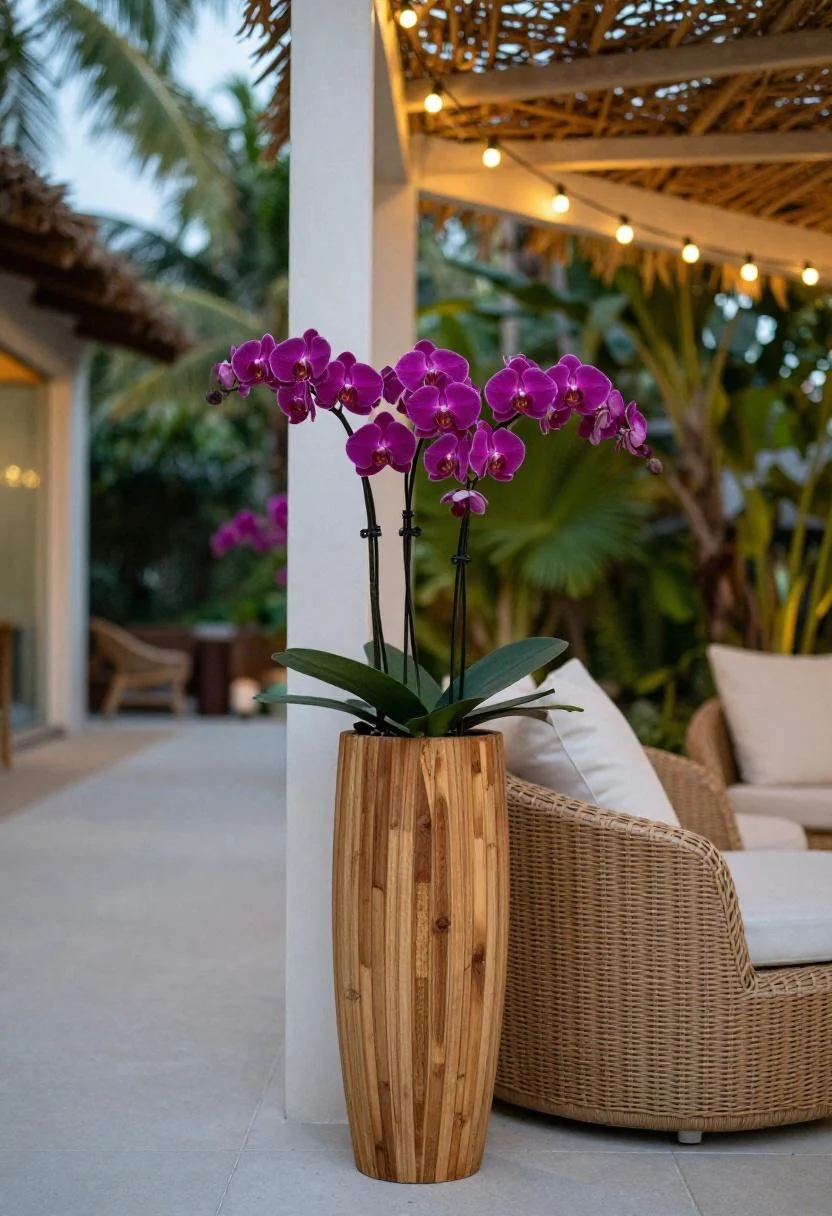 Plum orchid stems in a teak vase beside a wicker lounge chair on a tropical deck at dusk
