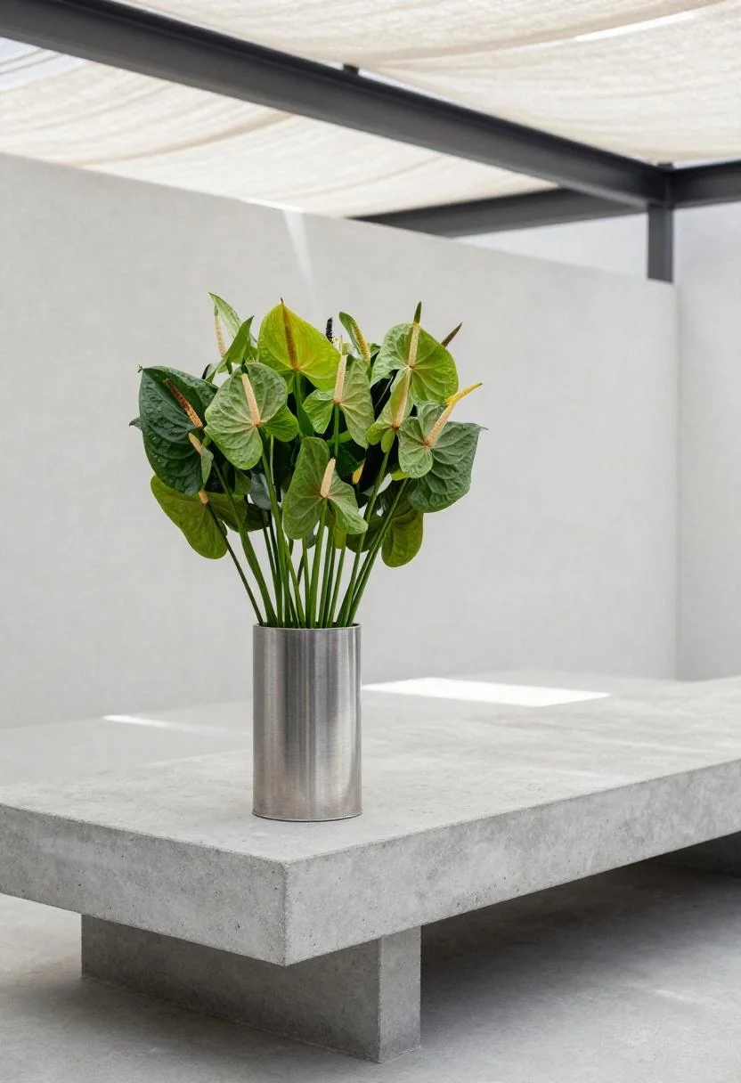 Jade anthuriums in a steel vase at the end of a concrete bench under a linen pergola