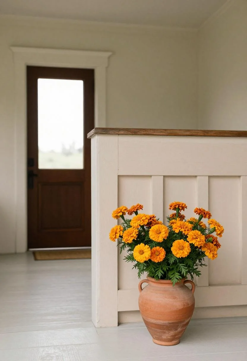 Terracotta marigolds in a stoneware crock tucked against a porch railing corner