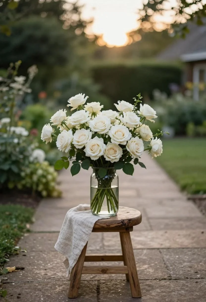 Cream garden roses in a linen-wrapped vase on an oak stool beside a cottage garden path at dusk