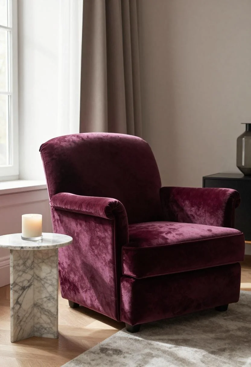 Plum noir velvet armchair with marble side table and candles in Scandinavian corner setting