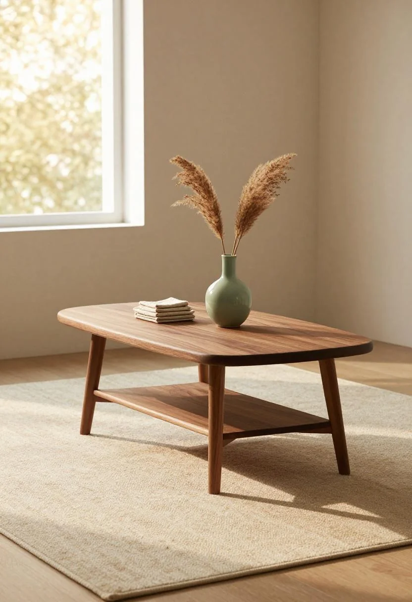 Walnut coffee table with jade green ceramic vase holding dried pampas grass on cream wool rug