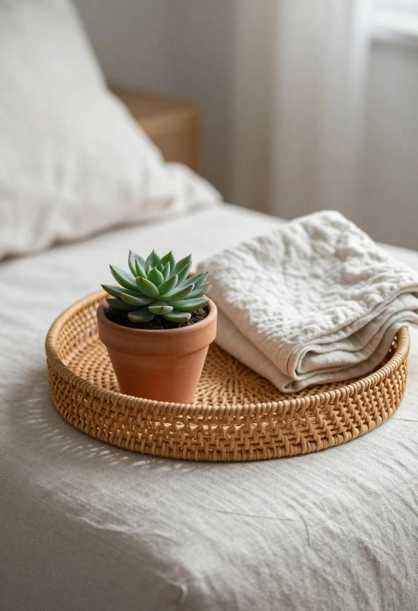 Rattan tray on linen ottoman with wasabi green succulent and folded muslin blanket for fall nursery vibe