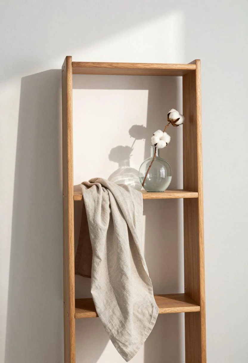 Mid-century oak bookshelf with persimmon linen drape and dried cotton stem in glass vase