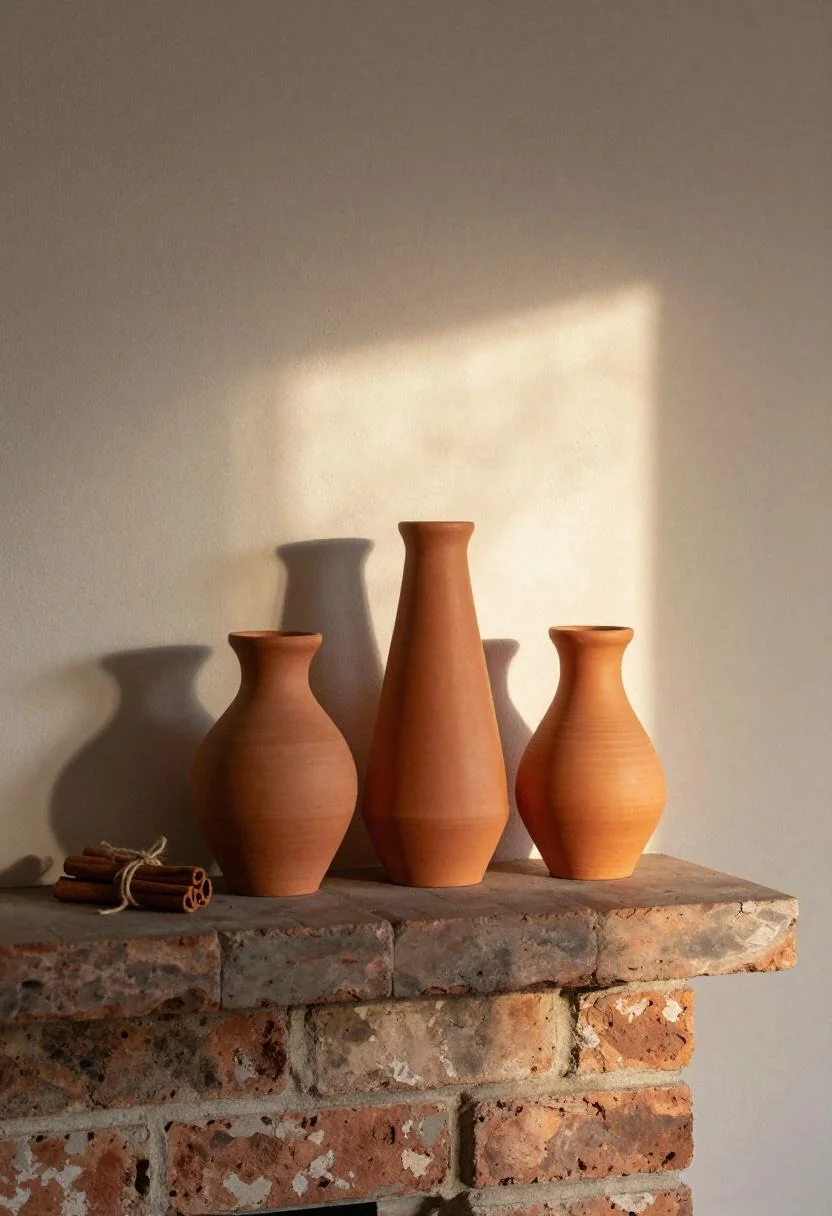 Brick fireplace mantel with terracotta clay pinch pots and cinnamon stick bundles for fall baby shower atmosphere