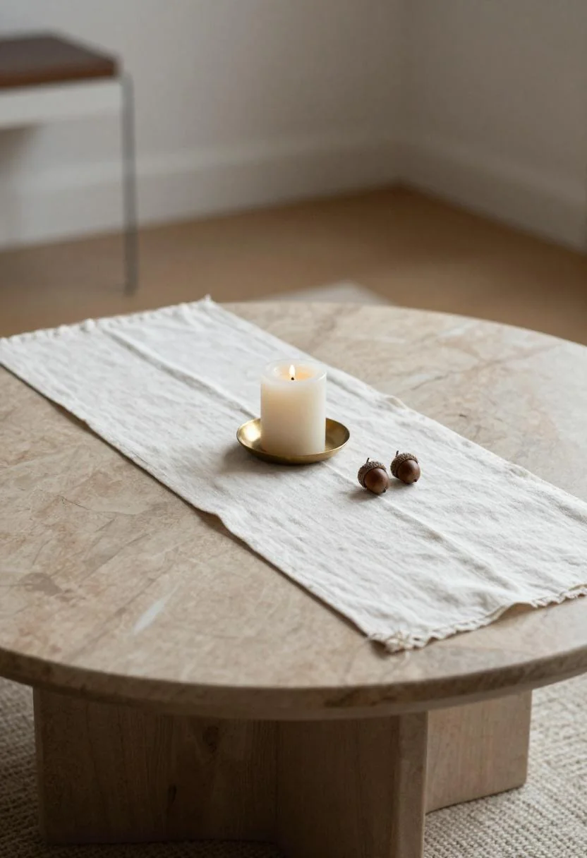 Marble coffee table with cream white linen runner, beeswax candle, and acorn caps for elegant fall tablescape