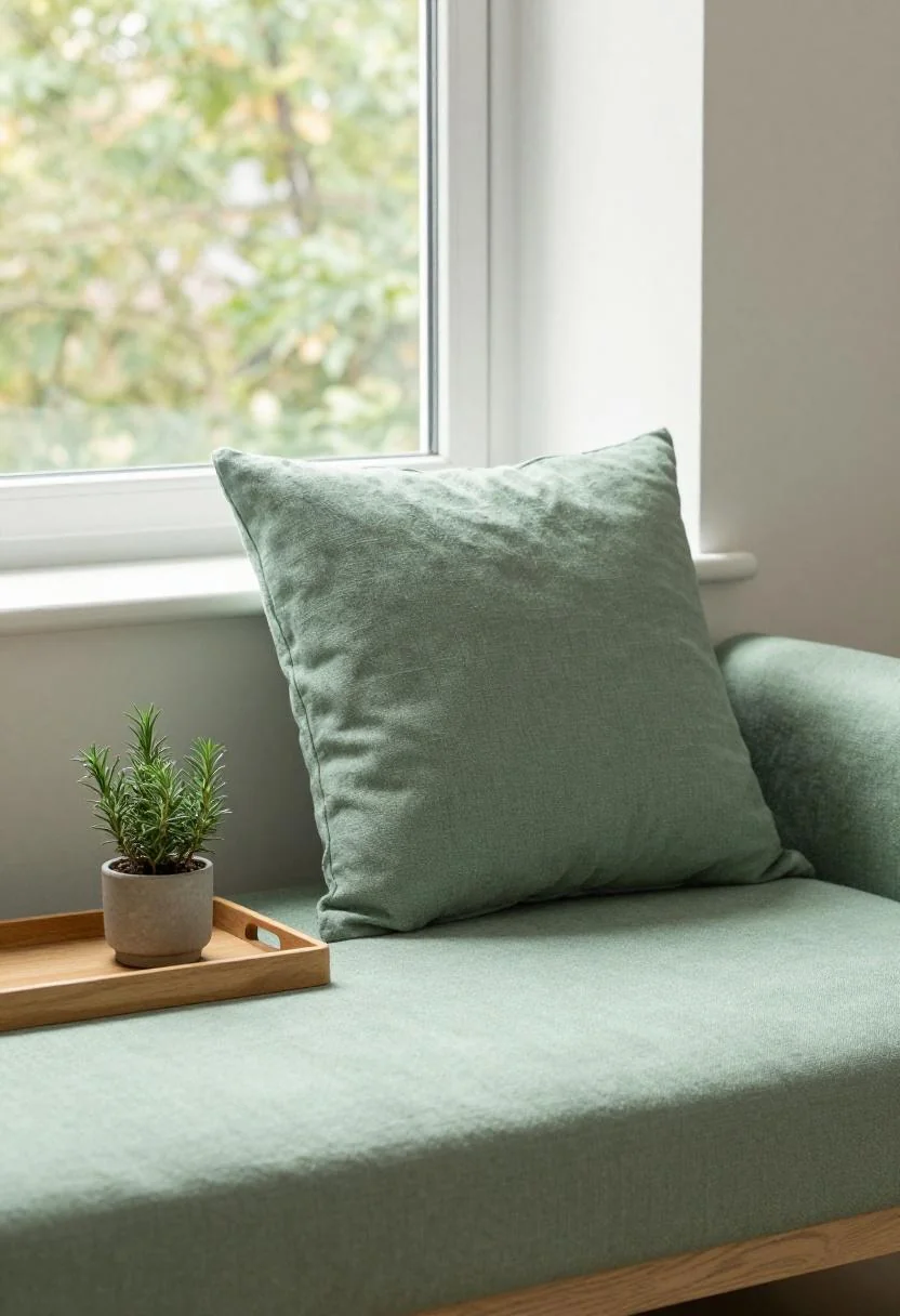 Sage green linen window seat with potted rosemary plant on oak tray in soft natural daylight