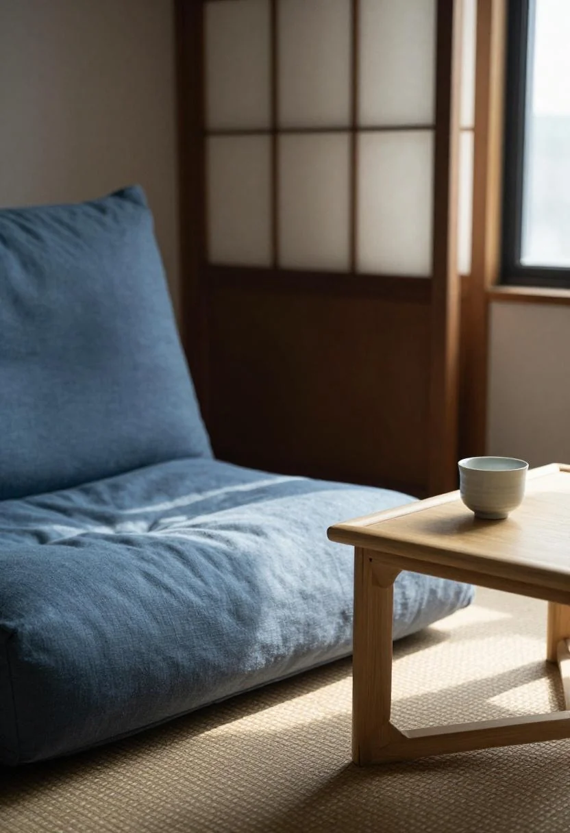 Japandi reading nook with cool blue floor cushion, bamboo side table, and ceramic teacup in morning light