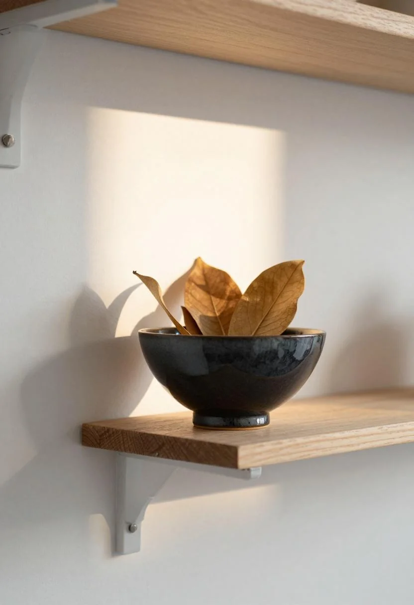Plum noir ceramic bowl with dried magnolia leaves on walnut wall shelf in warm golden light