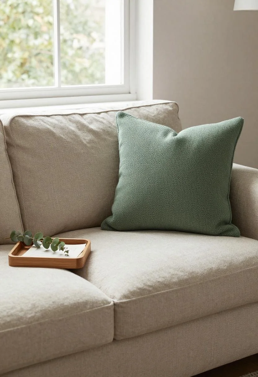 Oatmeal linen sofa with jade green knit cushion and eucalyptus sprig on oak tray