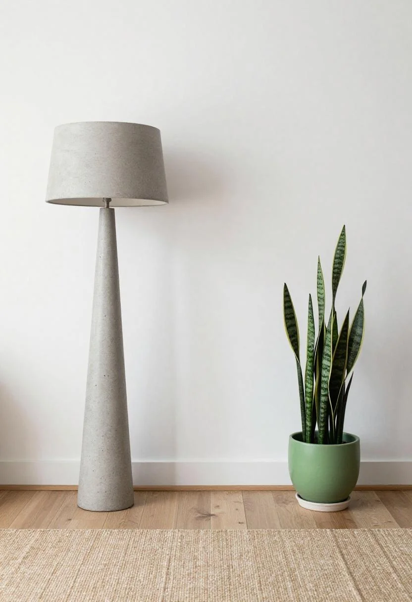 Minimalist corner with concrete floor lamp and wasabi green ceramic planter holding snake plant
