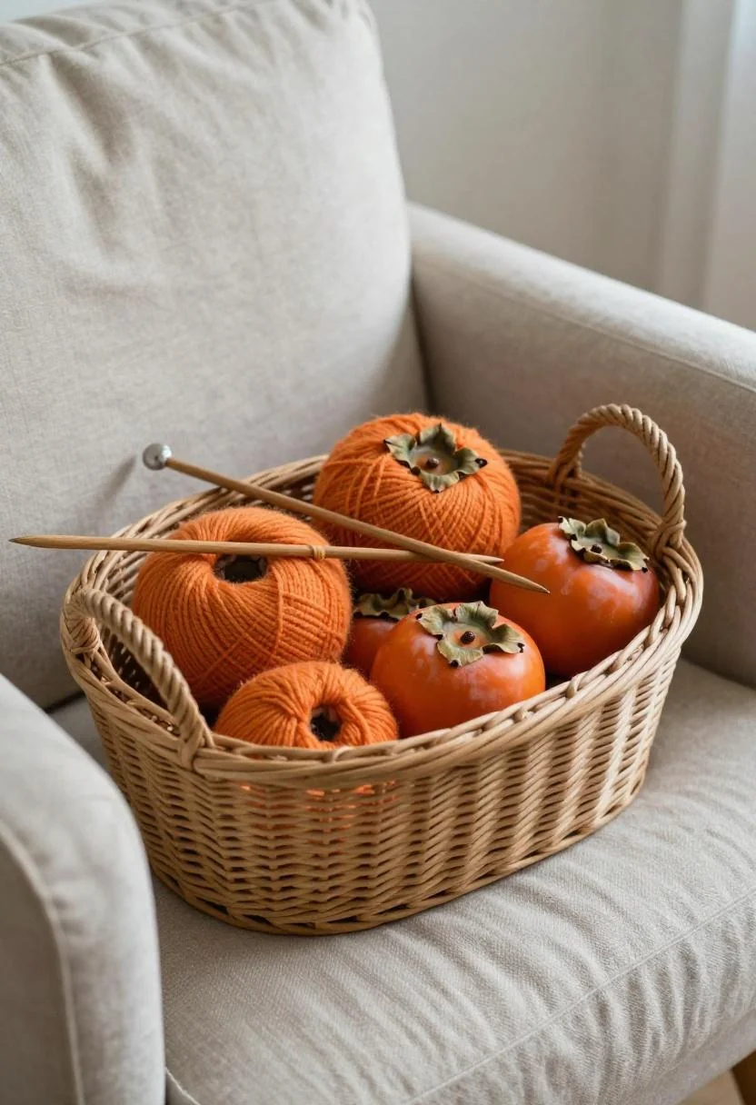 Wicker basket beside armchair filled with persimmon wool yarn and wooden knitting needles for cozy fall vignette