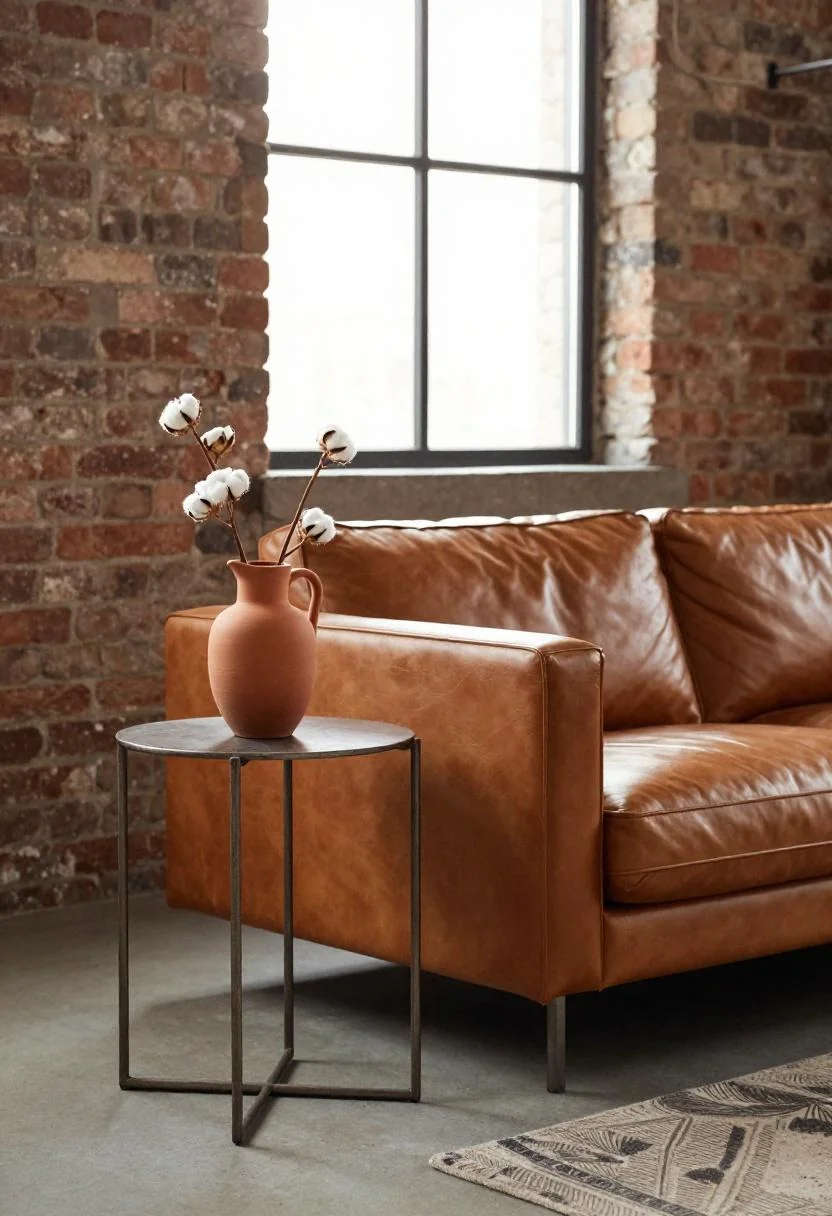 Industrial cognac leather sofa with terracotta pitcher and dried cotton branch on iron side table
