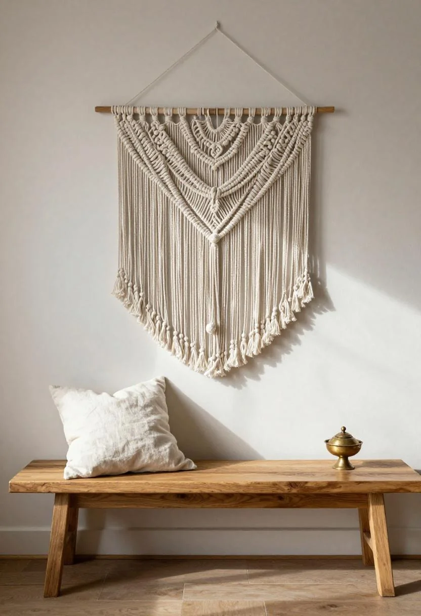 Bohemian teak bench with cream white linen pillow and brass incense holder beneath macramé wall hanging