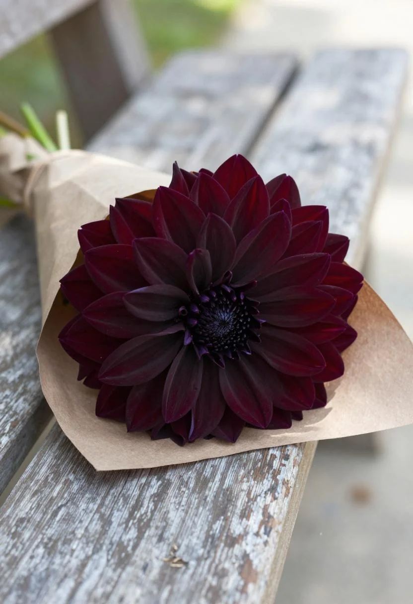 Plum dahlias and kraft paper wrapping on a teak bench in morning light