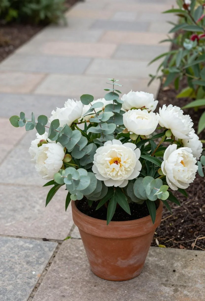 Eucalyptus and peonies in a terracotta pot beside a stone garden path under overcast light