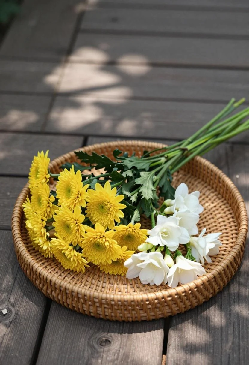 Chartreuse chrysanthemums and freesia arranged flat on a cedar deck in dappled shade