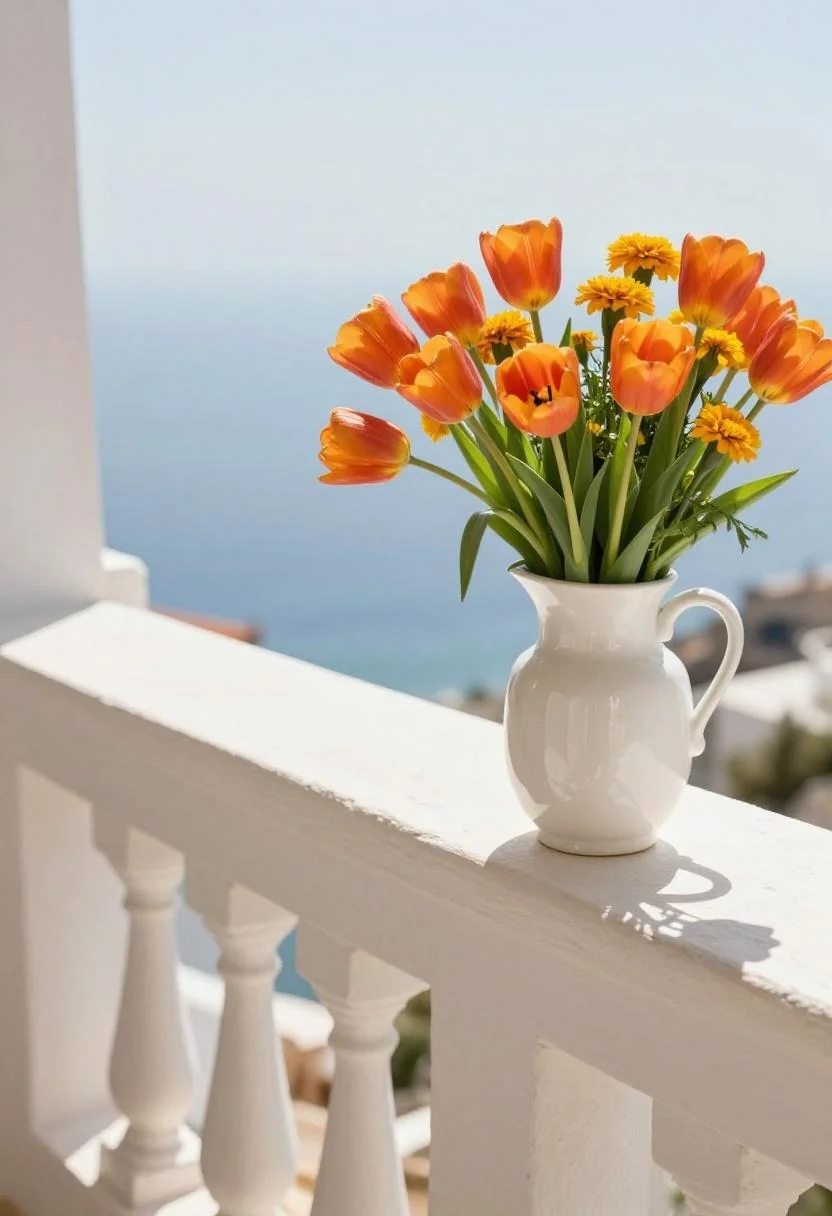 Persimmon tulips and marigolds in a white ceramic jug on a Mediterranean balcony at midday