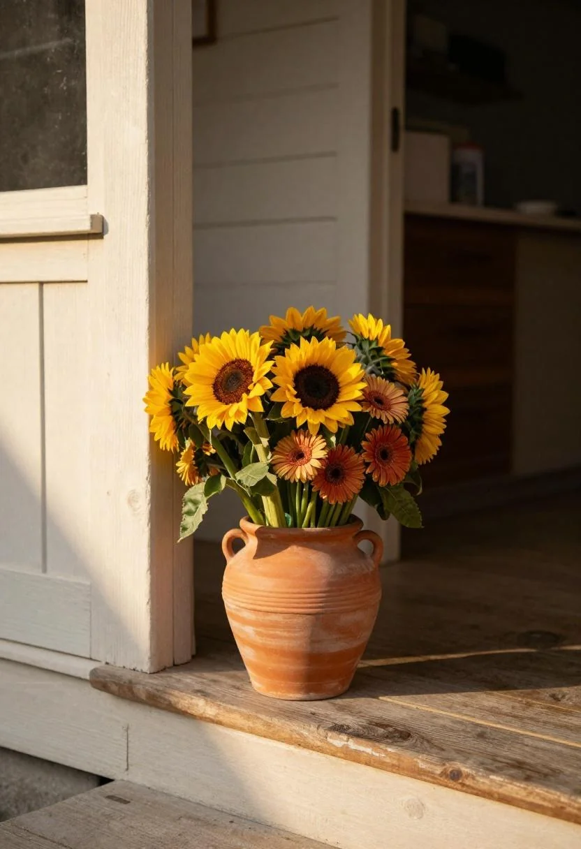 Sunflowers and gerbera daisies in a terracotta pot at the corner of cottage porch steps at golden hour