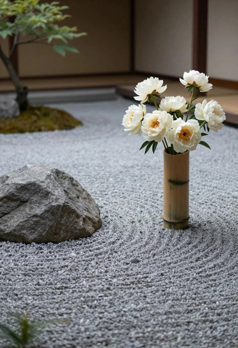 Cream peonies in a bamboo vase beside a granite stepping stone in a zen gravel garden