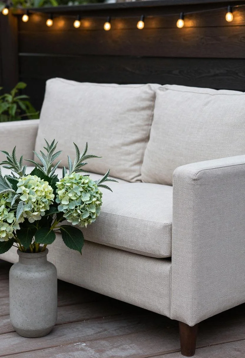 Sage hydrangeas and lamb's ear in a concrete vase on a linen loveseat armrest at dusk