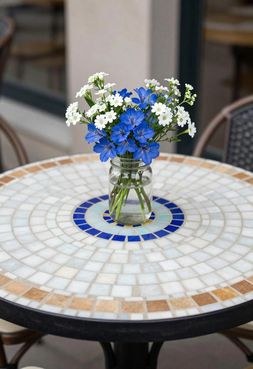 Blue lobelia and sweet alyssum in a mason jar on a mosaic bistro table in morning shade
