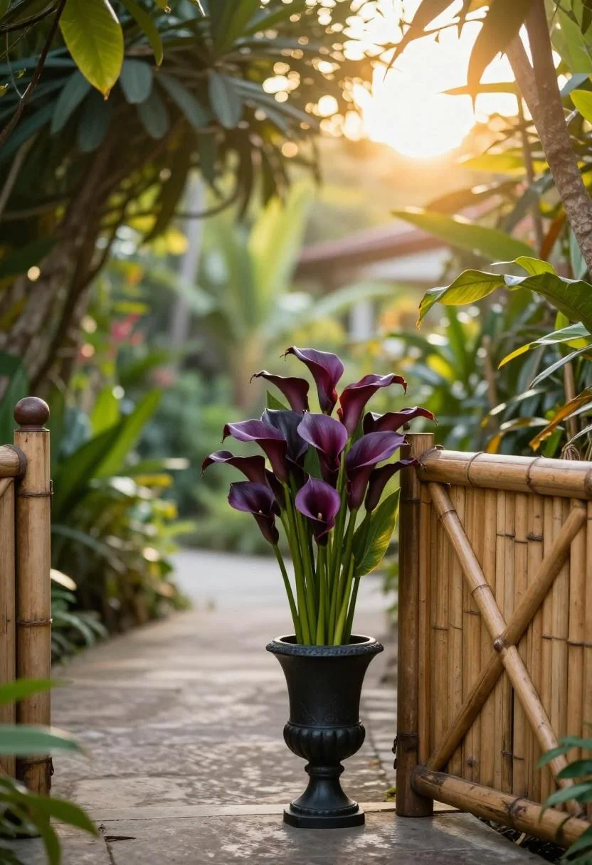 Dark calla lilies and bird of paradise in a black iron urn beside a tropical bamboo gate at golden hour