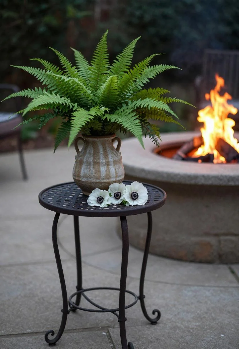 Jade fern and white anemones in a stoneware vase on a garden table beside a glowing fire pit