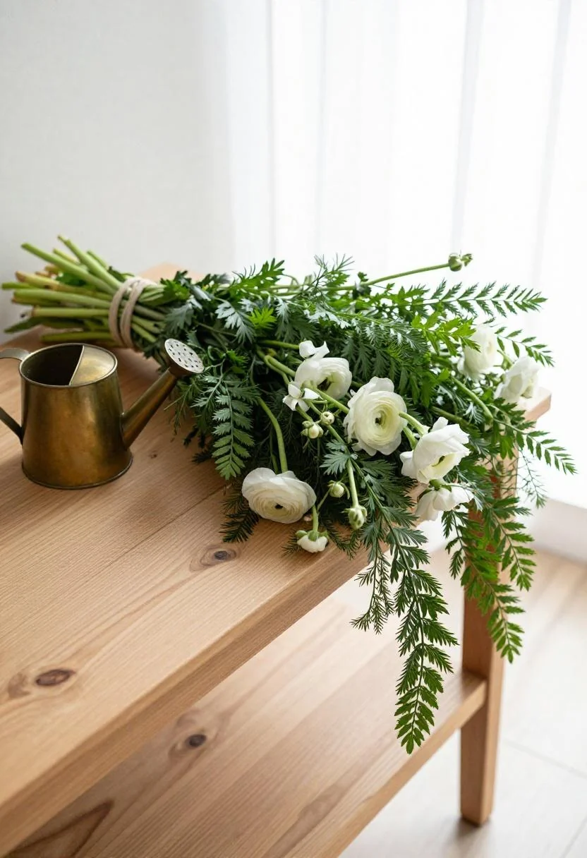 Lady's mantle and ranunculus bouquet leaning against a bronze watering can on a cedar potting bench
