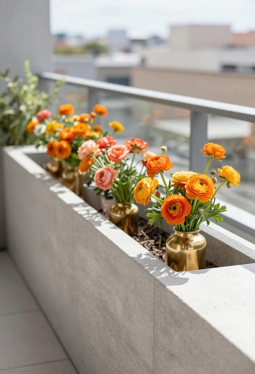 Coral peonies and ranunculus in a brass vase on the edge of a concrete rooftop planter at midday