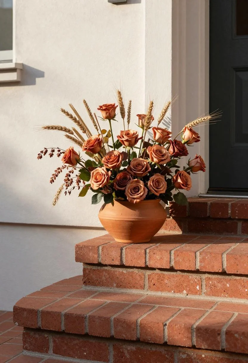 Copper roses and wheat stems in a terracotta bowl on a brick porch step corner in afternoon sun