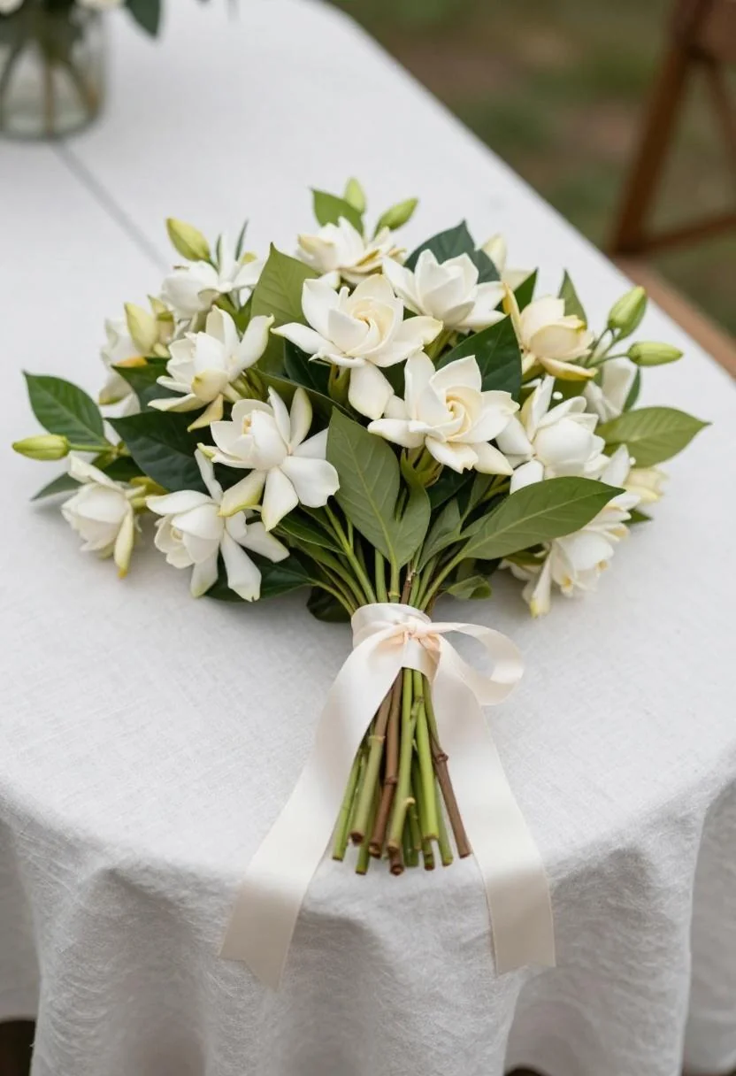 Cream gardenias and stephanotis tied with satin ribbon on a linen garden table in overcast light