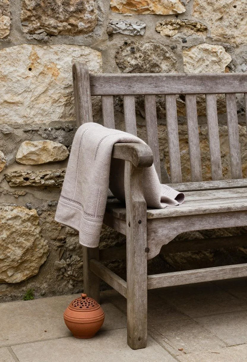 Stone-backed garden bench with plum linen throw and incense holder in quiet morning light