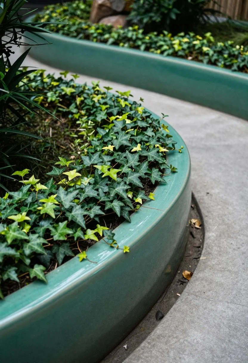 Jade green ceramic planter with ivy accenting the edge of a boho garden path