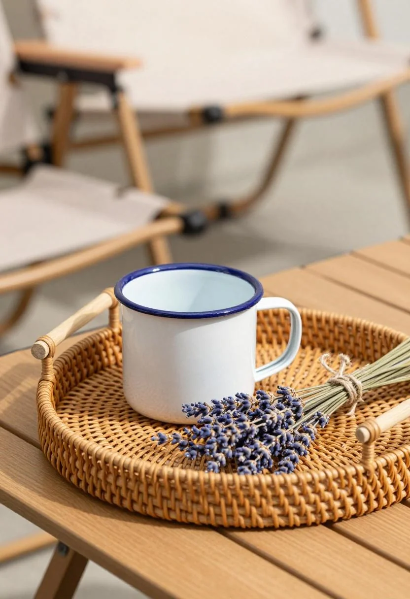 Wasabi enamel mug and dried lavender bundle on a rattan tray in garden shade