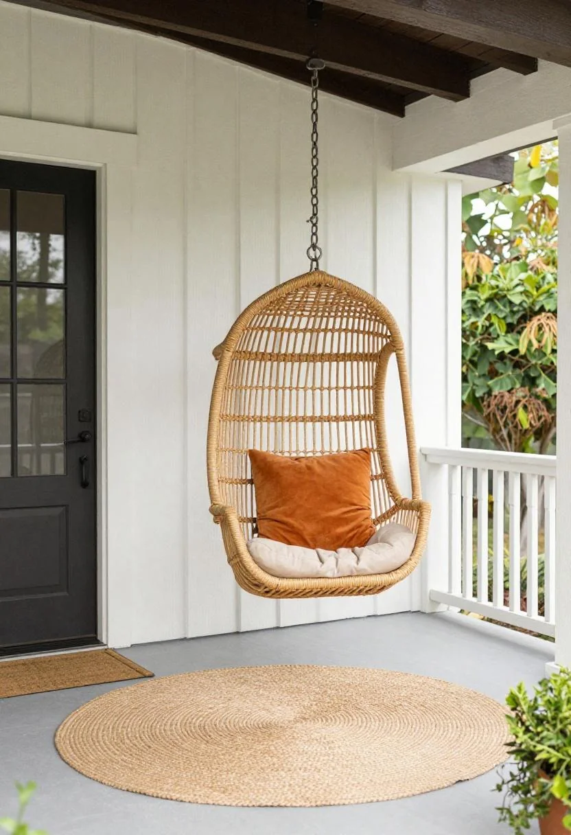 Rattan hanging chair with persimmon cushion beside a boho front porch doorway