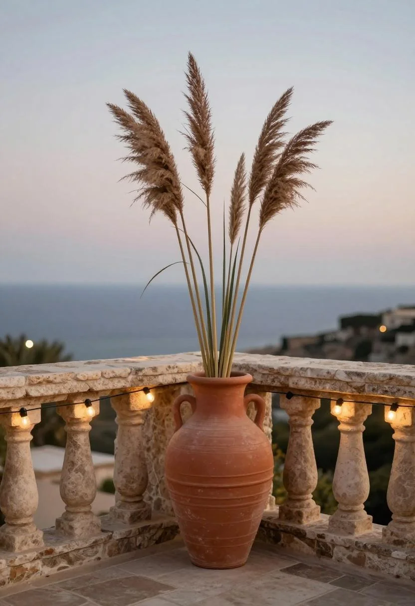 Terracotta amphora with pampas grass on a Mediterranean balcony at dusk under string lights