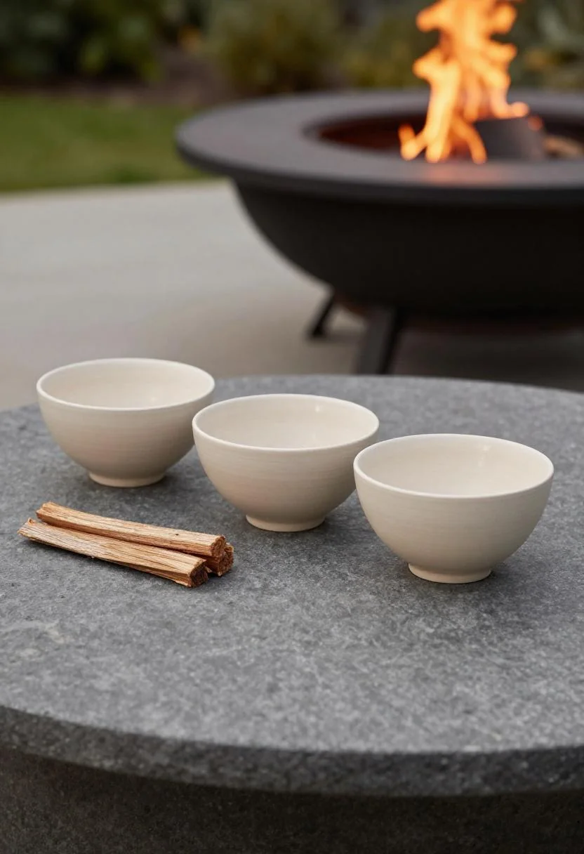 Cream ceramic bowls and stacked kindling beside an iron fire pit in a boho garden