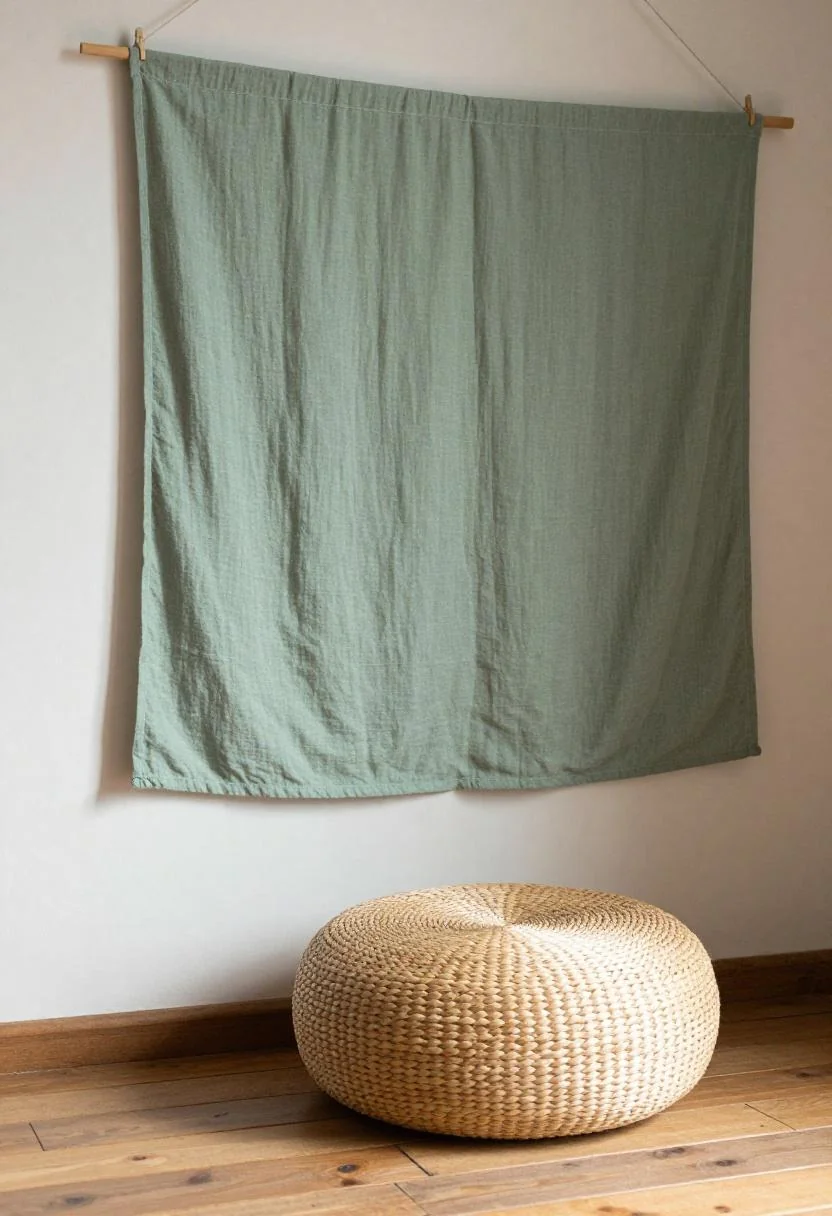 Seagrass pouf under a sage green macrame hanging on a cedar fence in a sunlit deck corner