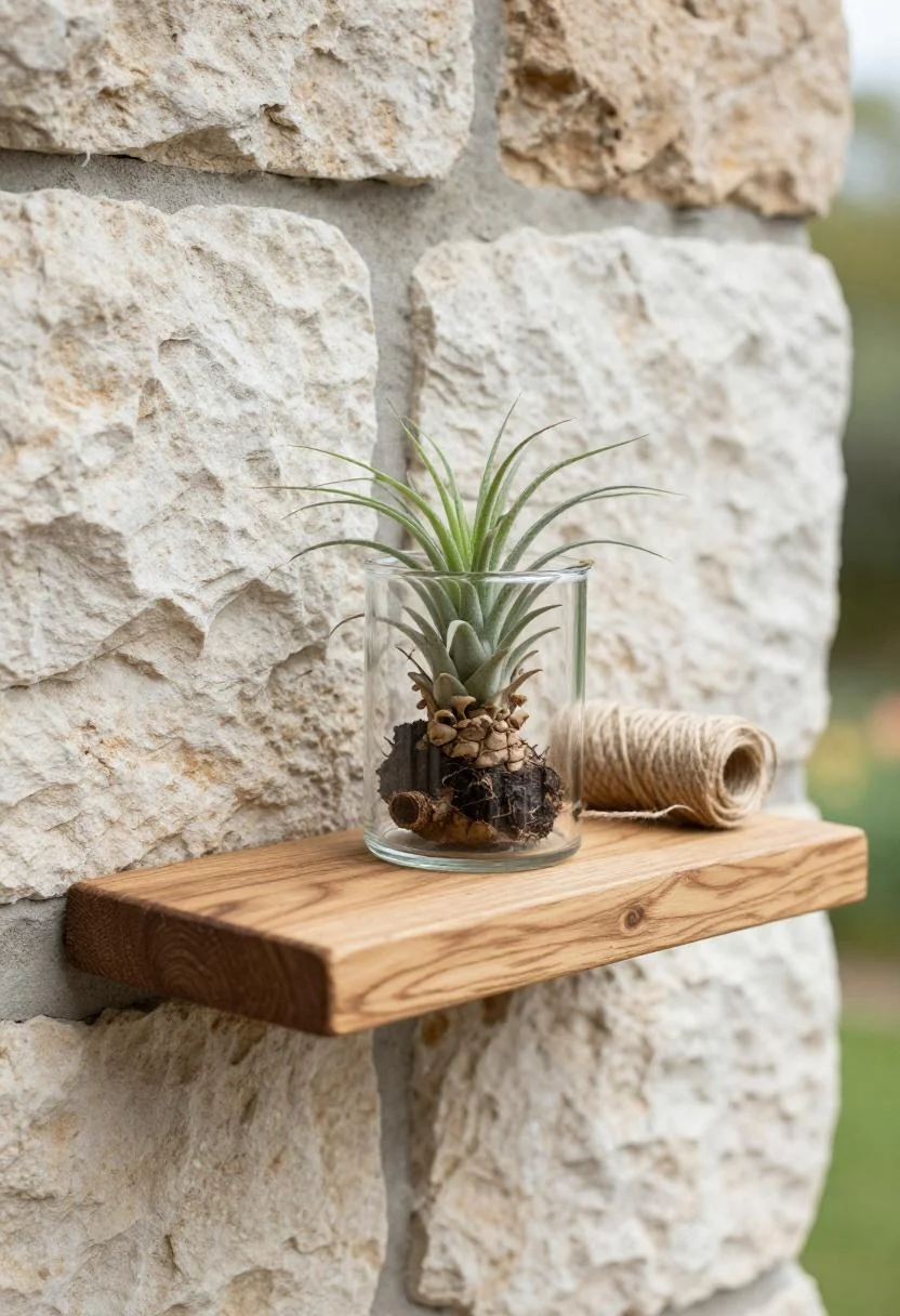 Wasabi glass terrarium with air plants on an oak garden wall shelf in midday shade