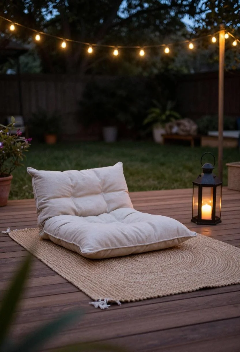 Terracotta rosemary pots flanking a boho garden path entrance with jute mat at golden hour